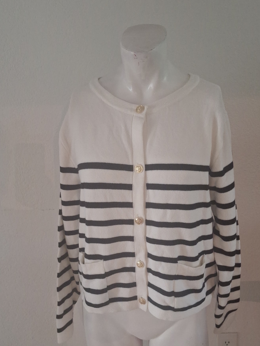 Women's Cream and Black Striped Button-Front Cardigan